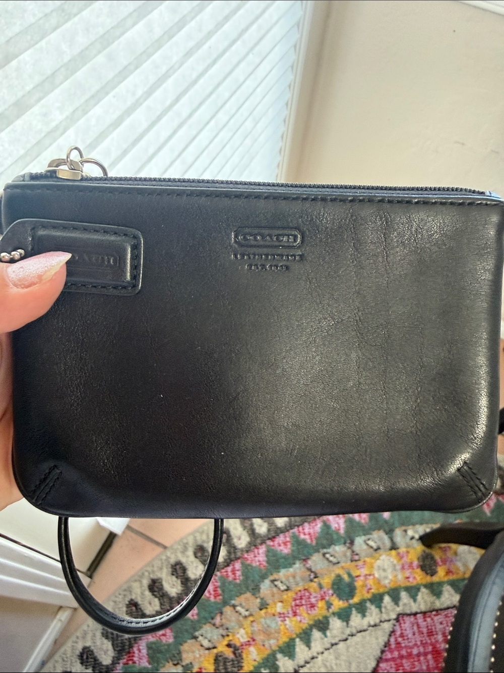Coach Black Leather Wristlet Pouch with Wrist Strap
